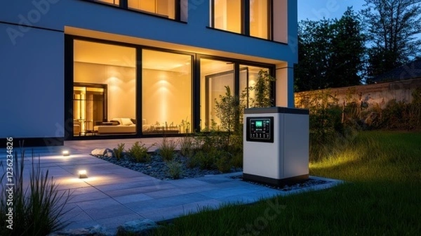 Fototapeta A minimalist composition featuring a sleek, modern backup generator installed outside a contemporary smart home, integrated seamlessly with the house s power system. The generator s design is