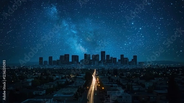 Fototapeta A long-exposure shot of a city skyline during a massive power outage, with most buildings in darkness except for a few backup-lit homes scattered throughout. The stars shine brighter against the