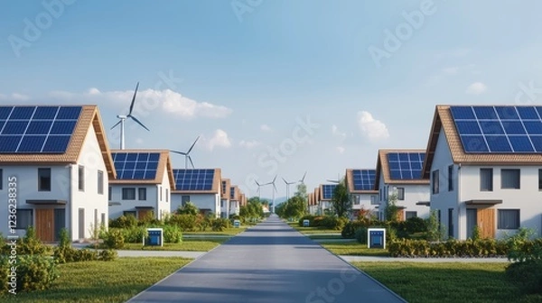 Fototapeta A futuristic neighborhood concept showcasing multiple grid-independent homes, each equipped with solar panels and wind turbines, a central community energy storage system subtly visible, vibrant