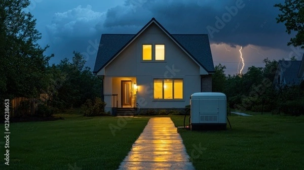 Fototapeta A cozy suburban home illuminated by backup generator power during a stormy evening, warm interior light glowing through large windows, visible generator stationed safely in the yard, storm clouds and