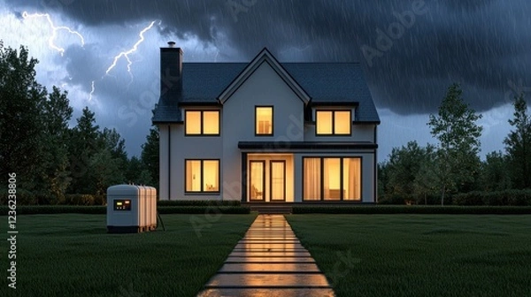 Fototapeta A cozy suburban home illuminated by backup generator power during a stormy evening, warm interior light glowing through large windows, visible generator stationed safely in the yard, storm clouds and
