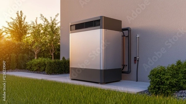 Fototapeta A sleek and modern generator setup on the side of a contemporary home, neatly installed with insulated wiring and safety precautions clearly visible, bright natural light highlighting the unit's