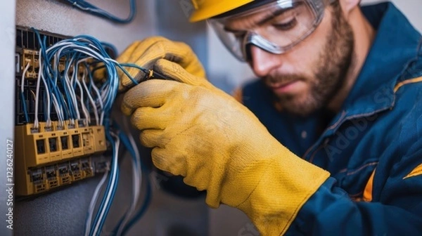 Fototapeta A professional electrician demonstrating safe wiring practices in a modern home electrical panel, neatly arranged cables and secured circuit breakers emphasized, the technician wearing insulated