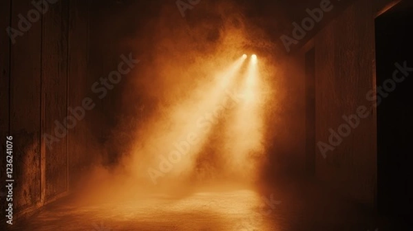 Fototapeta A beam light cutting through the fog in a concert hall, creating a stunning visual effect around the stage.