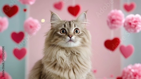 Obraz A fluffy, wide-eyed cat sits amidst a festive Valentine's Day backdrop of pink and red hearts and pom-poms.