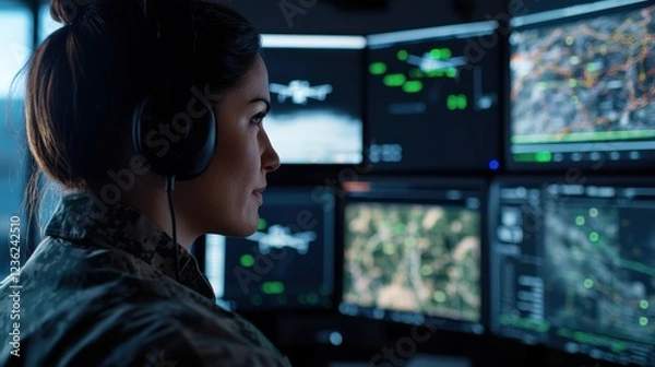 Fototapeta A military intelligence officer inside a dark, high-tech operations room reviews live drone surveillance feeds, tracking enemy movements across a digital terrain map. Their face is illuminated by the
