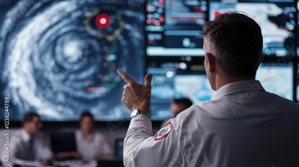 Fototapeta A crisis response team monitors an incoming natural disaster on an advanced public safety dashboard, tracking storm paths, evacuation protocols, and emergency shelter capacities. A lead coordinator