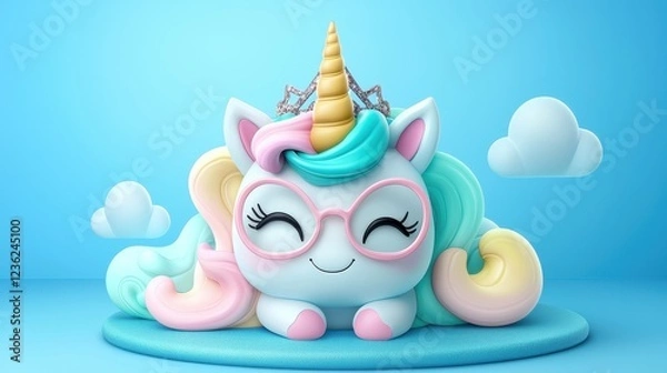 Fototapeta A cute, colorful unicorn character with glasses, smiling against a blue background with fluffy clouds, exuding a whimsical and cheerful vibe.
