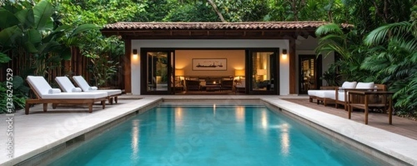Fototapeta Luxurious Private Cabana with Plush Loungers by the Sparkling Pool in Tropical Oasis   Idyllic Outdoor Retreat for Relaxation and Indulgence in an Exclusive Resort Setting