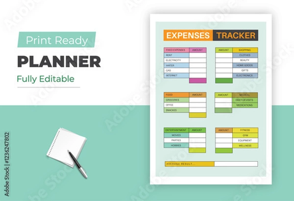 Fototapeta Print Ready Fully Editable Expenses Tracker Planner for Personal Finance Management