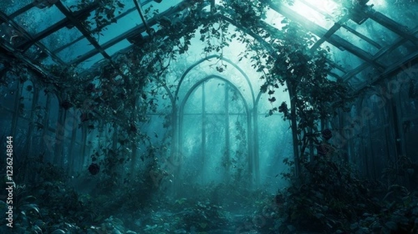 Obraz Abandoned Greenhouse Surrounded by Overgrown Vegetation and Light