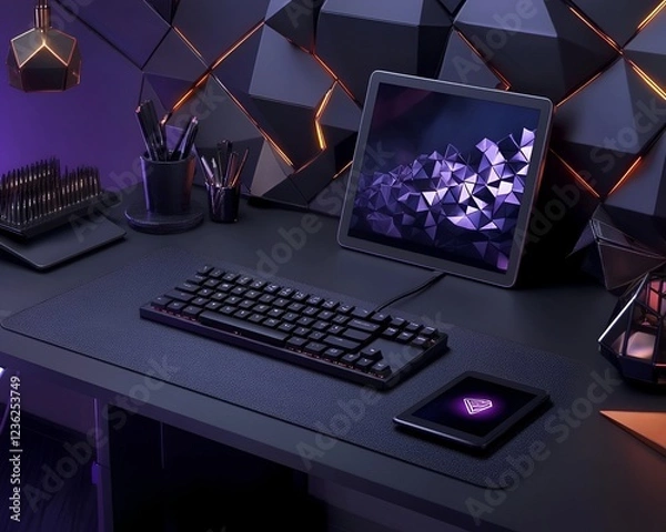 Fototapeta Dark-themed desk with a matte black keyboard, tablet, and geometric decor