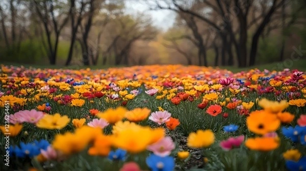 Fototapeta A field of flowers with a variety of colors including yellow, blue, and red