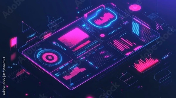 Fototapeta A glowing digital interface with futuristic holographic visuals, interactive charts, and innovation-inspired design