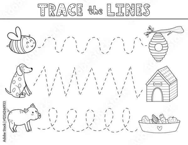 Fototapeta Trace the lines activity page in outline with cute farm animals. Handwriting practice black and white worksheet for kids with bee, pig and dog. Vector illustration