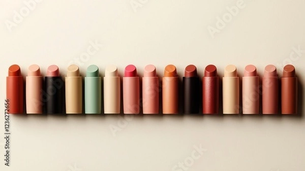 Fototapeta Neatly arranged row of soft pastel colored lipstick tubes displayed in a minimalist modern and elegant studio setup  The image showcases the variety of colors and the simple yet captivating