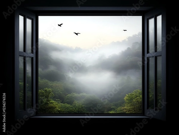 Fototapeta Forest window view, birds and morning mist, 3D illustration