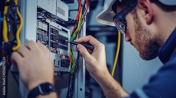 Fototapeta An electrician is working on electrical circuits with a voltage tester in a building