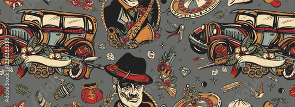 Fototapeta Gangsters pattern. Criminal, old noir movie. Retro crime seamless background. Boss plays saxophone, bandits weapons, retro car, casino, robbers