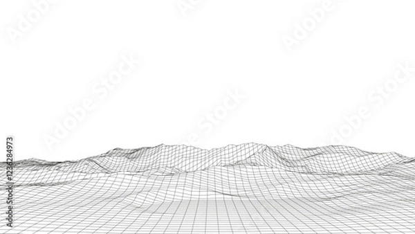 Obraz Technology perspective grid with mountain landscape background. Vector digital space wireframe landscape. Black mesh on a white background