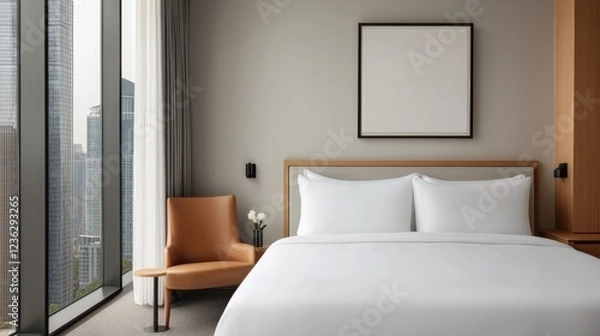 Fototapeta Lavish and Luxurious Hotel Suite Featuring Panoramic Windows with Breathtaking Views of the City Skyline