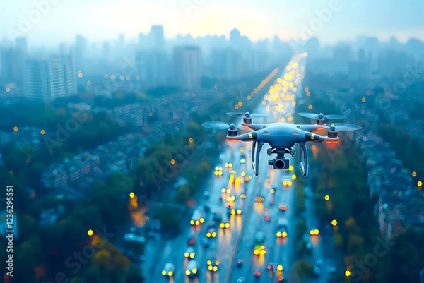 Obraz Highway With Cars And A Drone Flying Over The City 3d Rendering