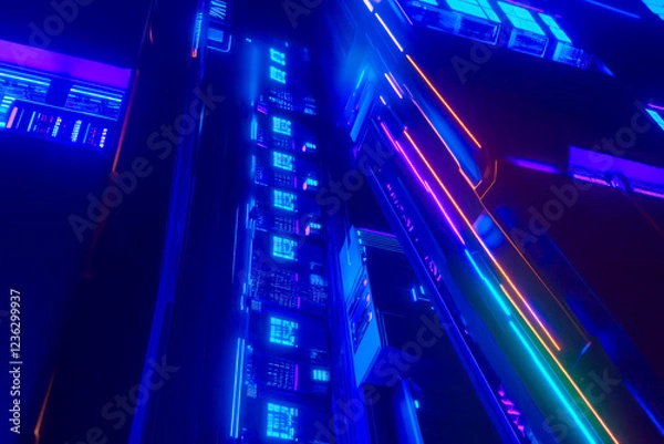 Obraz schematic data moving between server nodes in futuristic neon art theme