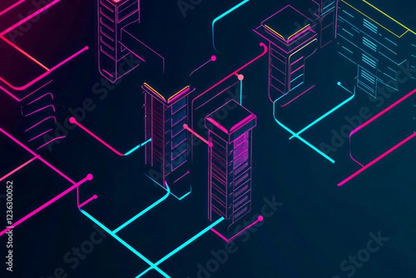 Fototapeta schematic data moving between server nodes in futuristic neon art theme