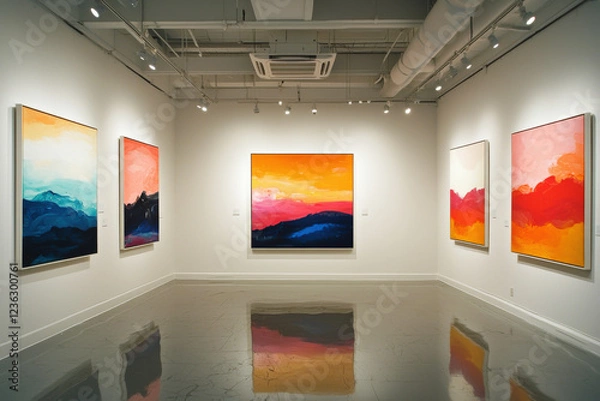 Fototapeta Contemporary abstract paintings illuminated in a professional gallery exhibition space