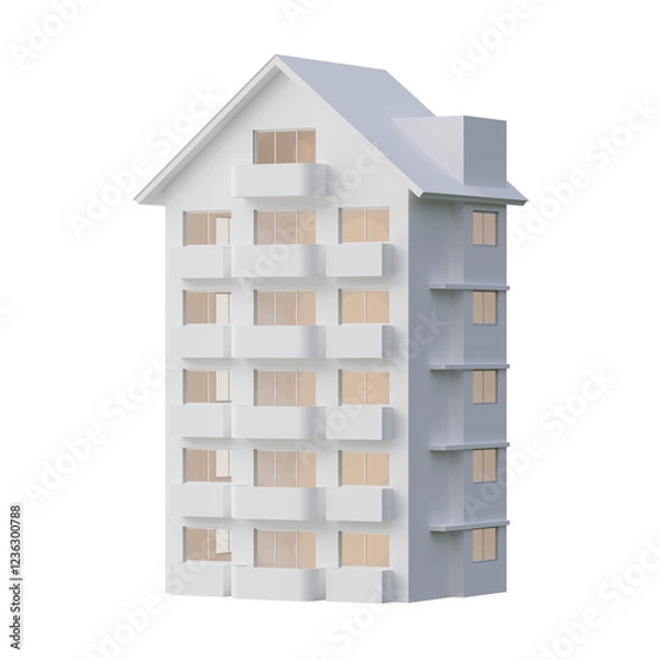 Fototapeta Simple style white apartment building isolated on transparent background 3d render