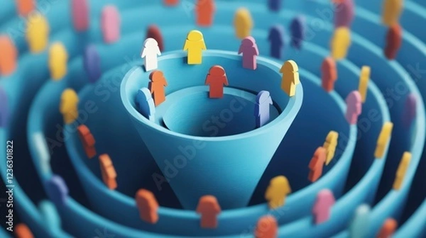Fototapeta Abstract visualization of individuals moving through a funnel process of selection