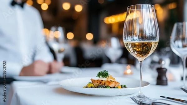 Fototapeta A man is sitting at a table with a plate of food and a wine glass