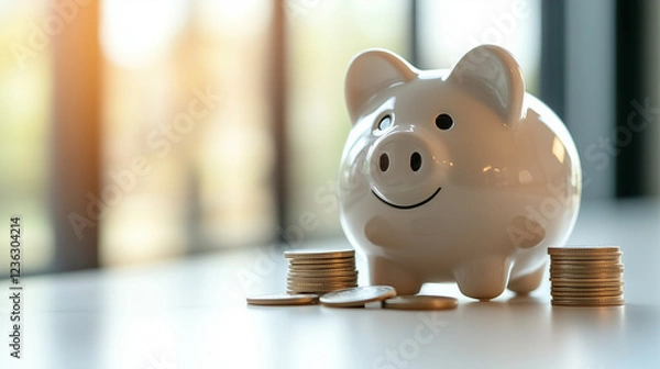 Fototapeta Photo of a simple white piggy bank on a minimalist desk with stacks of coins, representing saving money and financial planning.