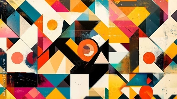 Fototapeta Abstract geometric pattern with triangles and circles in vibrant colors creating a modern design