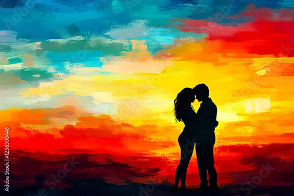 Fototapeta Silhouettes of a couple embracing against a colorful sunset. 