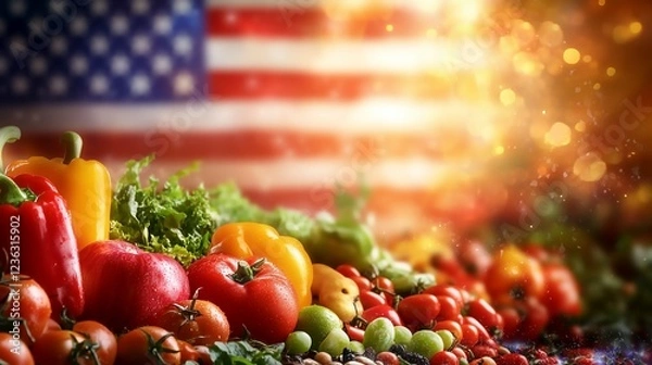 Obraz Close-up of Red, Yellow, and Green Vegetables in Front of an American Flag Background
