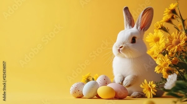Fototapeta Adorable Rabbit Sitting Amidst Easter Eggs and Blossoming Flowers