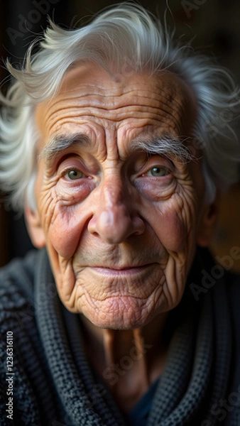 Fototapeta An elderly man with white hair and deep wrinkles gazes thoughtfully, showcasing wisdom and experience in his expressive green eyes