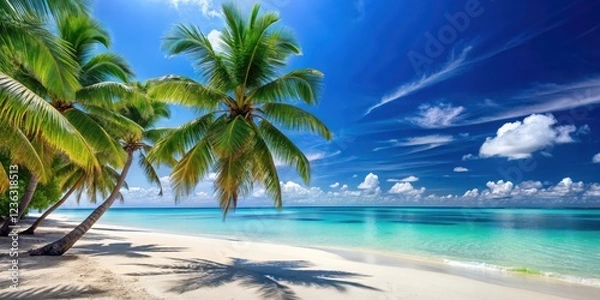 Fototapeta Serene sunny day at a tropical beach with palm trees swaying in the gentle breeze, surrounded by crystal clear blue water and powdery white sand , turquoise, horizon