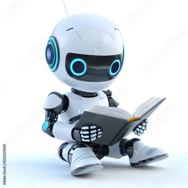 Obraz Cute robot portrait reading a book on white background. Concept of AI robotics in everyday life