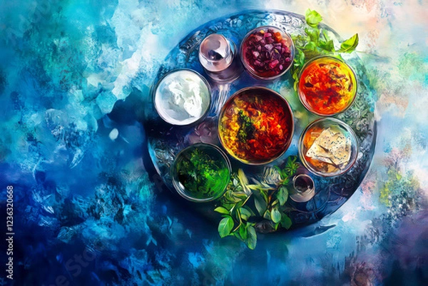 Fototapeta Artistic portrayal of the Passover Seder plate with a modern twist. -