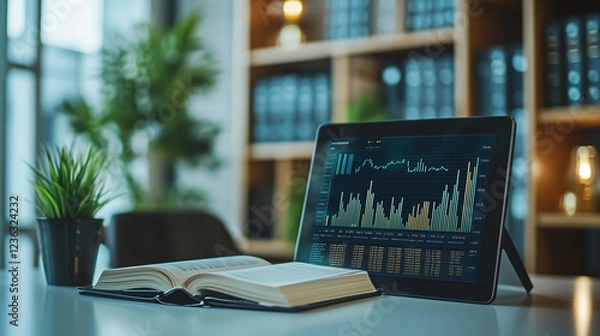 Fototapeta Photo of an open financial education book with a tablet and financial charts on a sleek desk, showcasing investment and educational resources.