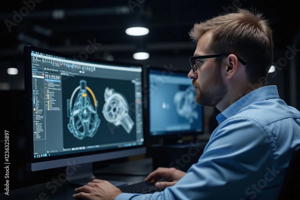 Fototapeta man, short, light, brown, hair, working, industrial, office