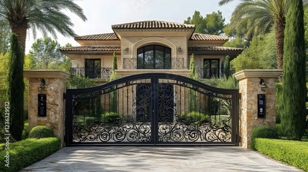 Obraz A large house with a black gate and a stone wall