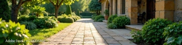 Fototapeta Concrete block sidewalk being laid in a country house courtyard , nature, blocks, construction