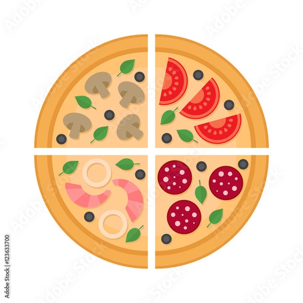 Obraz Pizza slice. Pepperoni, mushroom, seafood, vegetarian. Flat style.