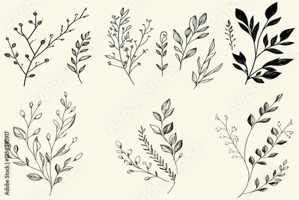 Fototapeta Eucalyptus floral branches of different types, including silver dollar, blue gum, seeded, and baby blue, with hand-drawn wedding herb leaves, offering an elegant touch to any celebration.