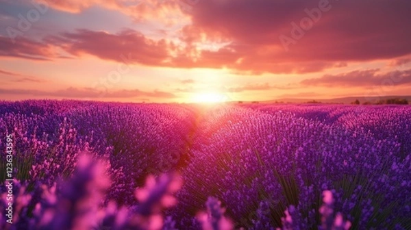 Fototapeta An artistic capture of a field of lavender under a golden sunset 