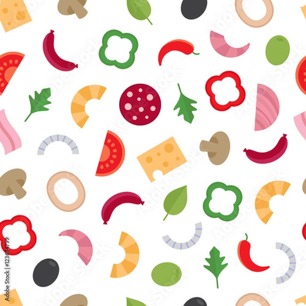 Obraz Wzór ze składnikami pizzy. Tło żywności. Ilustracja wektorowa, płaski.