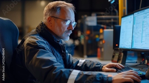 Obraz Warehouse Manager Sitting At Desktop Computer. Delivery Logistic, 